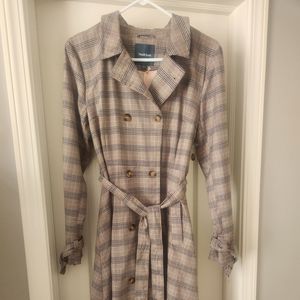 ModCloth Women's Plaid Trench Coat Size Large Tan Blue Brown New